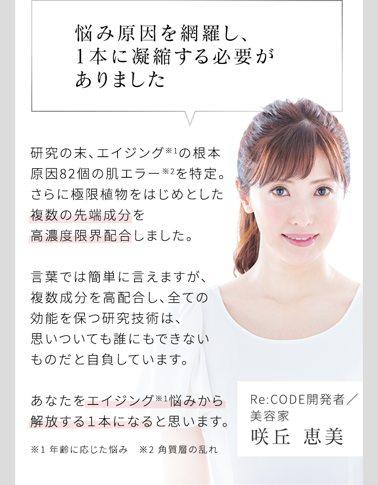 悩み原因を網羅し、1本に凝縮する必要がありました 研究の末、エイジング※1の根本原因82個の肌エラー※2を特定。さらに極限植物をはじめとした複数の先端成分を高濃度限界配合しました。 言葉では簡単に言えますが、複数成分を高配合し、全ての効能を保つ研究技術は、思いついても誰にもできないものだと自負しています。 あなたをエイジング※1悩みから解放する１本になると思います。 Re:CODE開発者／美容家 咲丘 恵美 ※1 年齢に応じた悩み　※2 角質層の乱れ