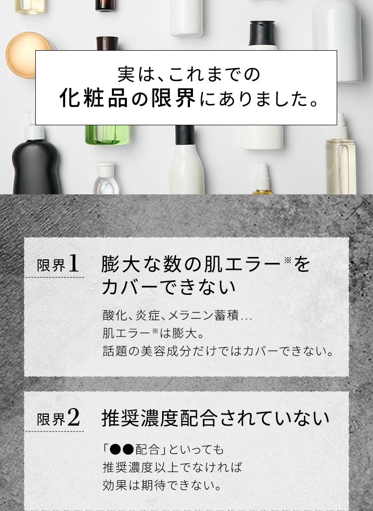 実は、これまでの化粧品の限界にありました。 限界1 膨大な数の肌エラー※をカバーできない 酸化、炎症、メラニン蓄積…肌エラー※は膨大。話題の美容成分だけではカバーできない。 限界2 推奨濃度配合されていない 「●●配合」といっても推奨濃度以上でなければ効果は期待できない。
