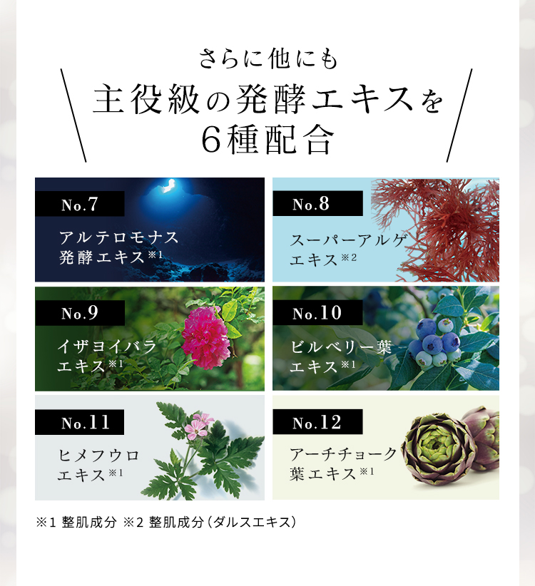 さらに他にも主役級の発酵エキス、植物エキスを6種配合 No.7 アルテロモナス発酵エキス※1 No.8 レッドアルゲエキス※2 No.9 イザヨイバラエキス※1 No.10 ビルベリー葉エキス※1 No.11 ヒメフウロエキス※1 No.12 アーチチョーク葉エキス※1 ※1 整肌成分 ※2 整肌成分（ダルスエキス）