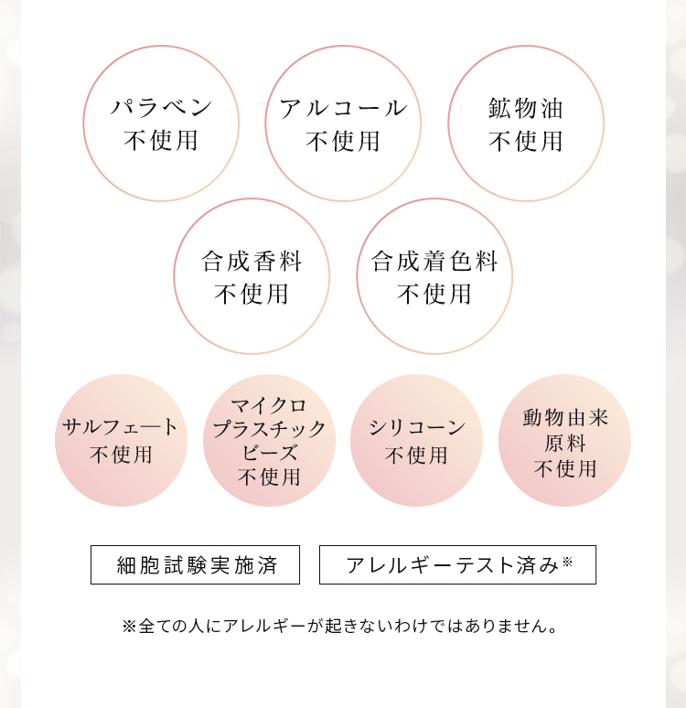 パラベン不使用 アルコール不使用 鉱物油不使用 合成香料不使用 合成着色料不使用 サルフェ―ト不使用 マイクロプラスチックビーズ不使用 シリコーン不使用 動物由来原料不使用 細胞試験実施済 アレルギーテスト済み※ ※全ての人にアレルギーが起きないわけではありません。マイクロセラムXのみ。