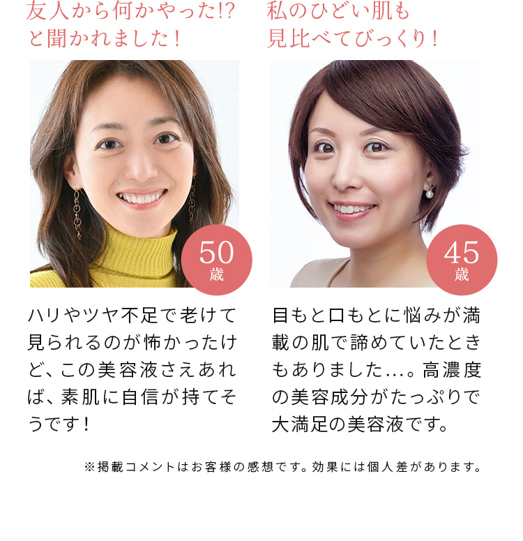 友人から何かやった!?と聞かれました！ ハリやツヤ不足で老けて見られるのが怖かったけど、この美容液さえあれば、素肌に自信が持てそうです！（50歳） 私のひどい肌も見比べてびっくり！ 目もと口もとに悩みが満載の肌で諦めていたときもありました…。高濃度の美容成分がたっぷりで大満足の美容液です。（45歳） ※掲載コメントはお客様の感想です。効果には個人差があります。